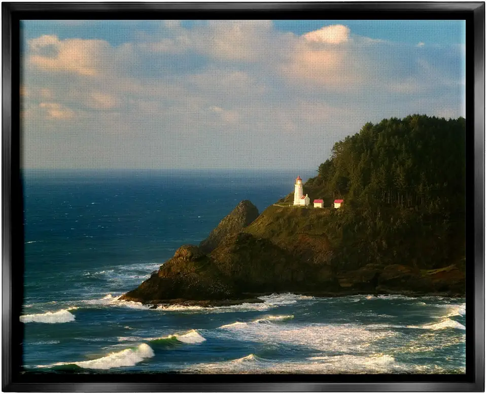 Stupell Industries Lighthouse Ocean Cliffs Black Framed Floater Canvas Wall Art Design by Dennis Frates