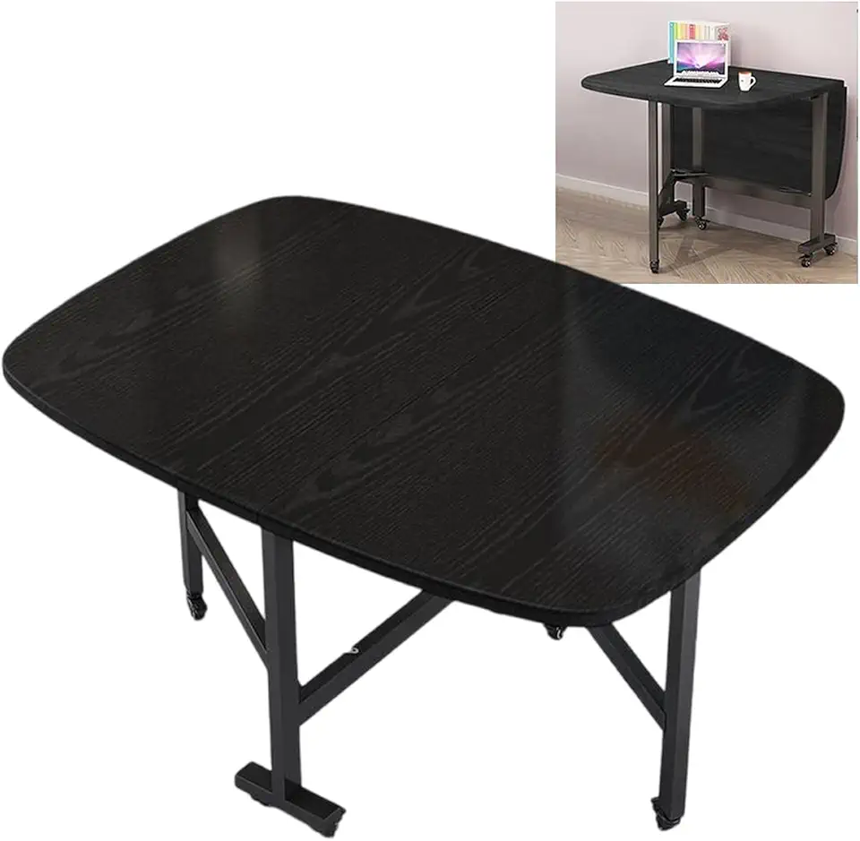 Wooden Foldable Kitchen Table with 6 Wheels，Drop Leaf Dining Table, Multifunction Expandable Folding Table, Space Saving Folding Kitchen Table, Seats 2-8 People, for Kitchen/Farmhouse/Living Room(Blac