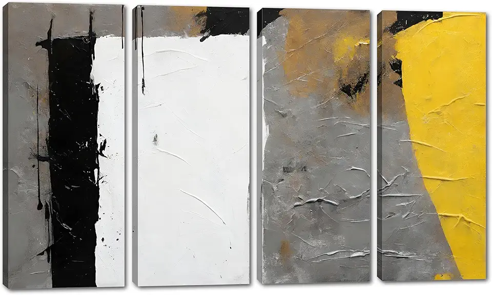 80 x 50 TOTAL - Abstract Wall Art Canvas Print 4 Panel Split Impasto stylle Black, white, gray, yellow - Flat 2D
