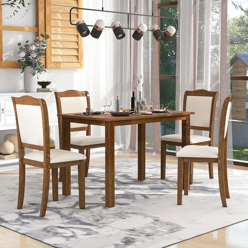 5-Piece Dining Table Set Simple Style Kitchen Dining Set Rectangular Table with Upholstered Chairs Compatible with Limited Space
