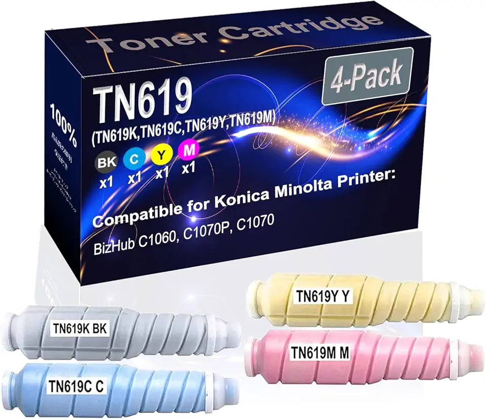 4-Pack (BK+C+Y+M) Compatible Bizhub Press C1060 Laser Printer Toner Cartridge (High Capacity) Replacement for Konica Minolta TN619 TN-619 (TN619K TN619C TN619Y TN619M) Printer Toner Cartridge
