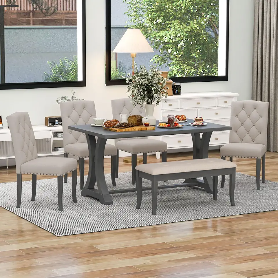 6 Pieces Dining Table Set with Bench, Rectangular Wood Dining Table with Unique Legs and 4 Upholstered Chairs & 1 Bench for Dining Room and Kitchen, Antique Gray
