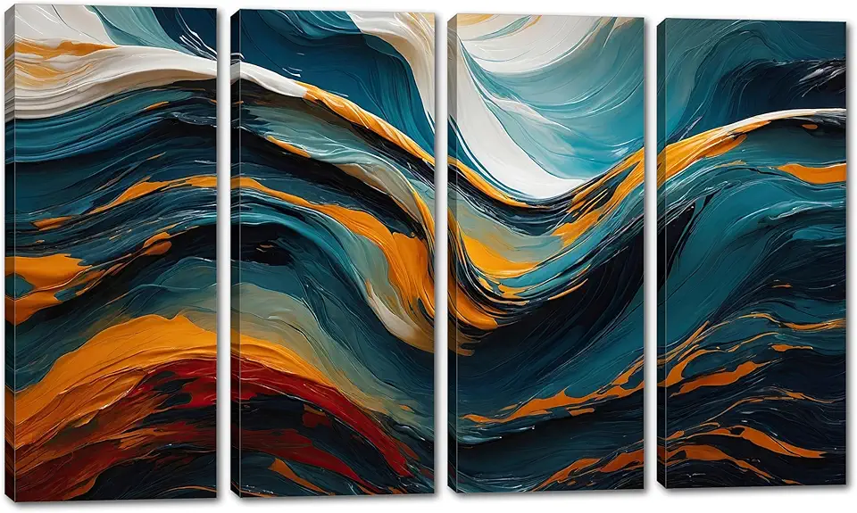 80 x 50 TOTAL - Canvas Wall Art Dynamic Waves Print 4 Panel Split orange, blue, white and red - Flat 2D Giclee