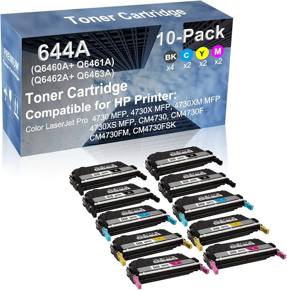 10-Pack (4BK+2C+2Y+2M) Compatible High Capacity 644A (Q6460A+ Q6461A+ Q6462A+ Q6463A) Toner Cartridge use for 4730 MFP, 4730X MFP, 4730XM MFP Printer