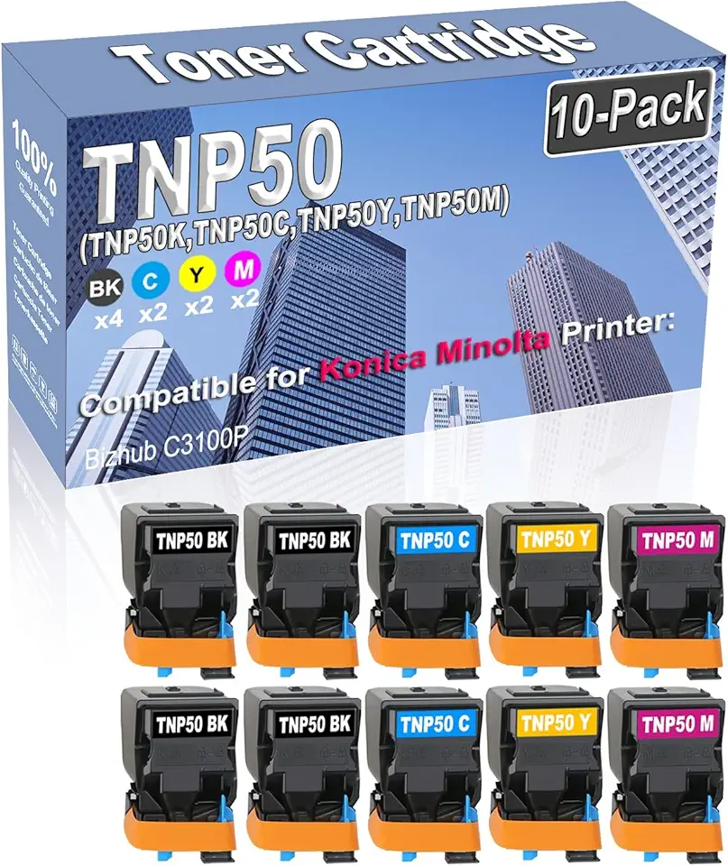 10-Pack (4BK/2C/2Y/2M) Compatible High Capacity TNP50 TNP-50 (TNP50K TNP50C TNP50Y TNP50M) Toner Cartridge Used for Konica Minolta Bizhub C3100P Printer
