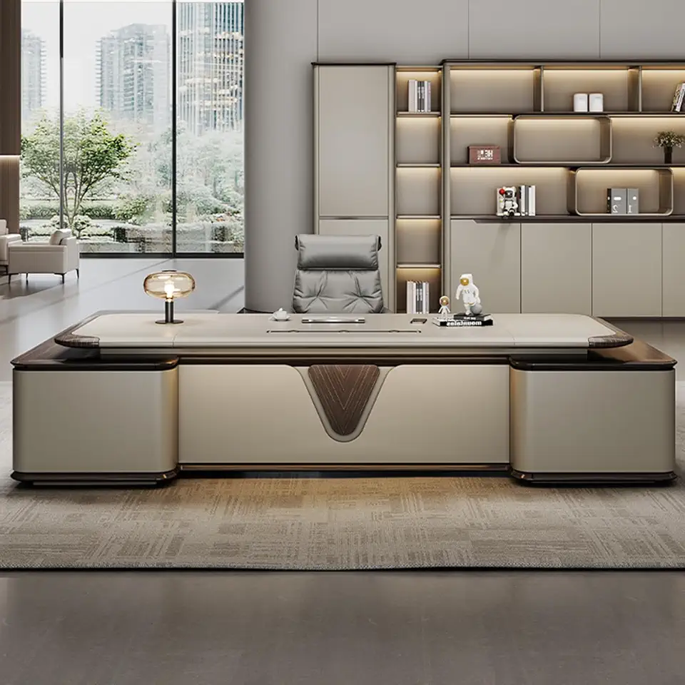 94 inch Luxury L Shaped Executive Desk with USB Ports and Lateral Cabinet, Modern Large Single Office Long Boss Desk with File Drawers Writing Study Table Business Furniture for Home Office Wh