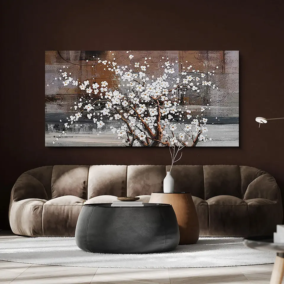 Wall Art for Living Room Large Modern Wall Decor Canvas Paintings for Wall Decorations White Flower Graffiti on Brown Background Bedroom Office Artwork Plum Blossom Art Prints Framed 24x48 inches