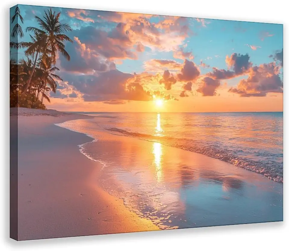 Sunset Tropical Beach Canvas Wall Art – Vibrant Pastel Sky & Ocean – Modern Relaxing Coastal Artwork for Home Decor Canvas Poster Bedroom Decor Sports Landscape Office Room Decor Gift Frame 20x30inch