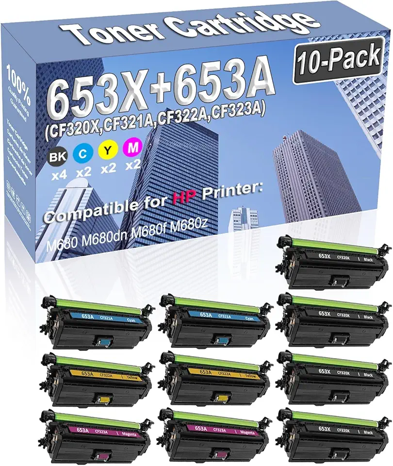 10-Pack (4BK/2C/2Y/2M) Compatible High Capacity 653X 653A (CF320X CF321A CF322A CF323A) Toner Cartridge Used for HP M680 M680dn M680f M680z Printer
