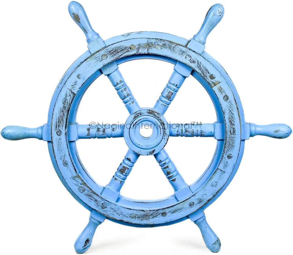 Nagina International Premium Nautical Handcrafted Wooden Ship Wheel | Pirate's Wall Home Decor & Gifts (72 Inches, Antique Sky Blue)
