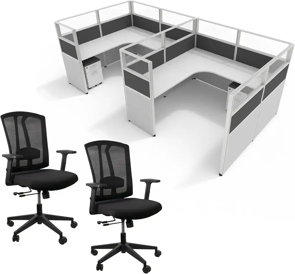 SUNLINE DIY Office Cubicle - Complete Cubicle Desk Kit with 7 Layouts and 2 Durable Ergonomic Chairs, Easy-Assembly Modular Office Kit with Sliding Panel, Wall Partitions and Mobile Storage - Charcoal