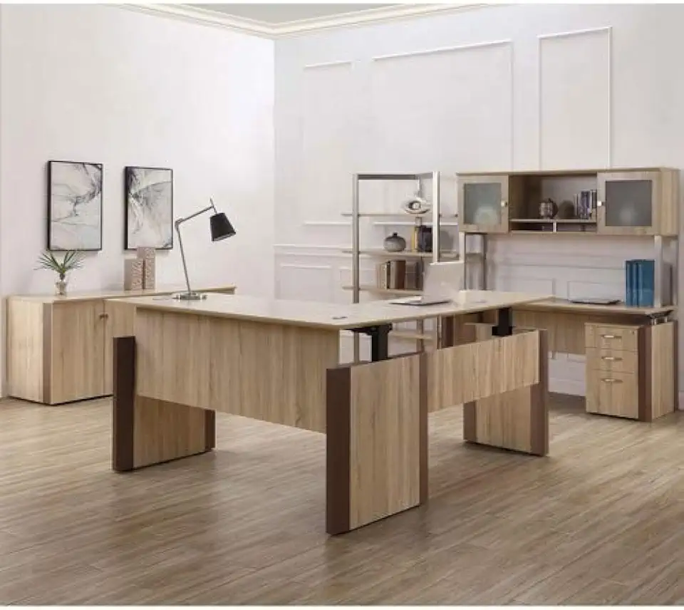 Allure L Shaped Desk, Adjustable Desk, Electric Standing Desk, Ergonomic Desk, Corner Desk, PC Desk, Office Suite in Southern Walnut/Black Finish