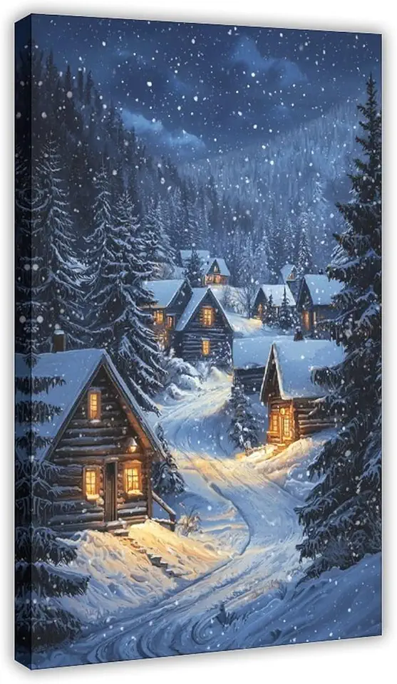 Snowy Cabin Wall Poster – Winter Landscape Canvas Painting with Pine Trees And Glowing Lights – Rustic Seasonal Wall Decor Canvas Poster Wall Art Decor Print Picture Paintings for Living Room Bedroom