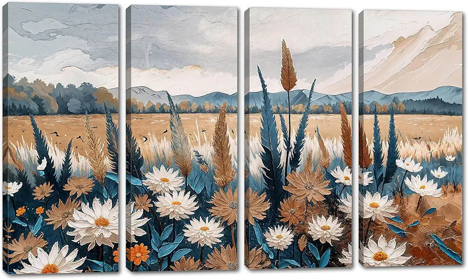 80 x 50 TOTAL - Floral Print Nature Wall Art Canvas 4 Panel Split Impasto Style Wildflowers Farmhouse Decor