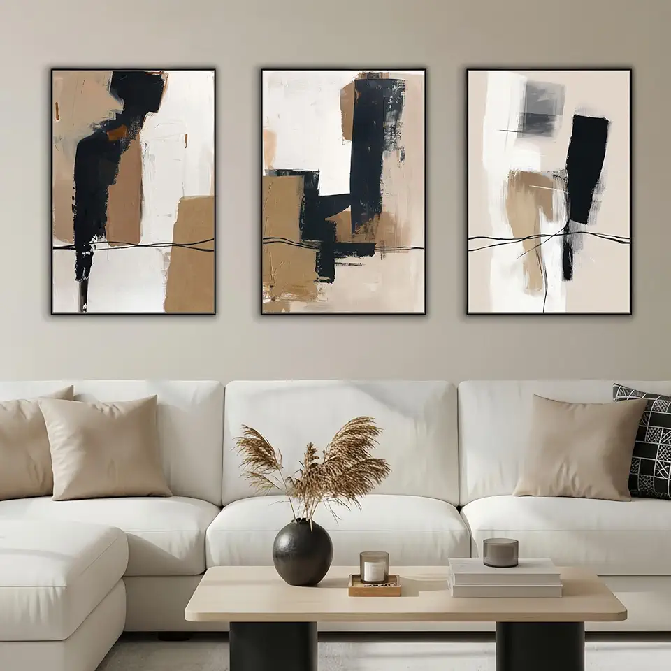 SAFERRYHOME Neutral Abstract Wall Art Tan and Black Framed Canvas Print Set, Mid-Century Modern Brown Minimalist Shapes for Living Room, Bedroom, Office - Ready to Hang - Set of 3, 16x24 Inch