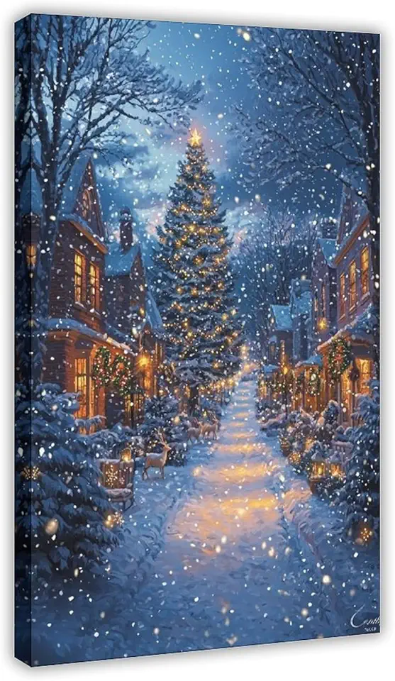 ZMLIS Nordic Christmas Wall Art – Snowy Small Town with Lights & Reindeer Canvas Poster Bedroom Decor Sports Landscape Office Room Decor Gift Frame 20x30inch