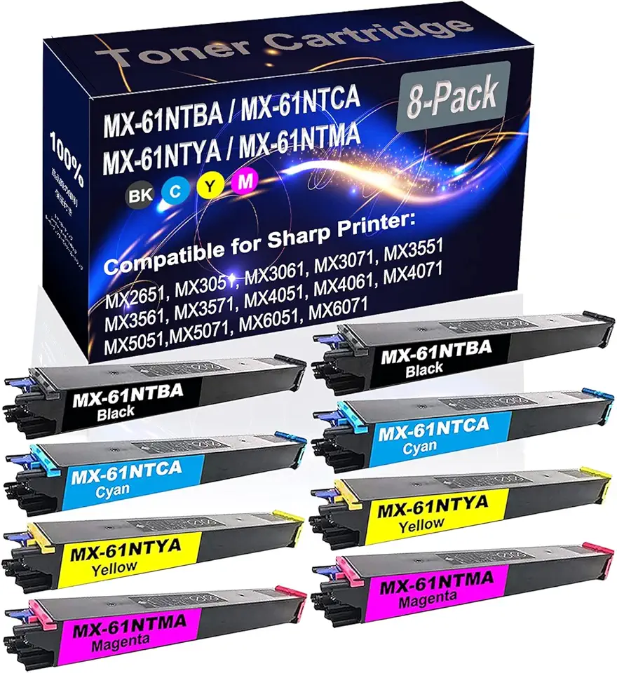8-Pack (2BK+2C+2Y+2M) Compatible MX2651 MX3051 MX3061 Laser Toner Cartridge (High Capacity) Replacement for Sharp MX-61NTBA MX-61NTCA MX-61NTYA MX-61NTMA Printer Toner Cartridge