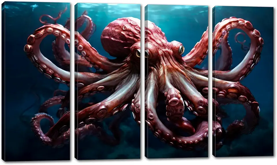 80 x 50 TOTAL - Octopus Canvas Wall Art Print sea creature artwork, office art - 4 Panel Split