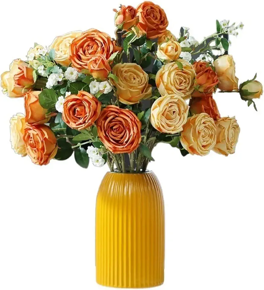 Artificial Flowers Fake Rose Bouquet Set with Vase Dining Table Simulation Flower Arrangement Living Room Decorative Flower Arrangement Flower Arrangements Home Decor (Color : Brass)