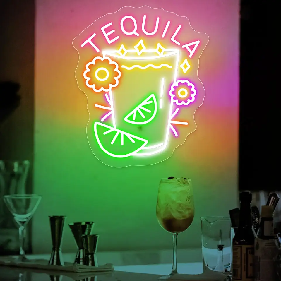 Tequila Neon Sign LARGE Size Remote Included – LED Cocktail Glass Wall Light Bar Decor for Home, Party, Kitchen, Pub – Colorful Neon Wall Art (Pink Tequila - 32x40