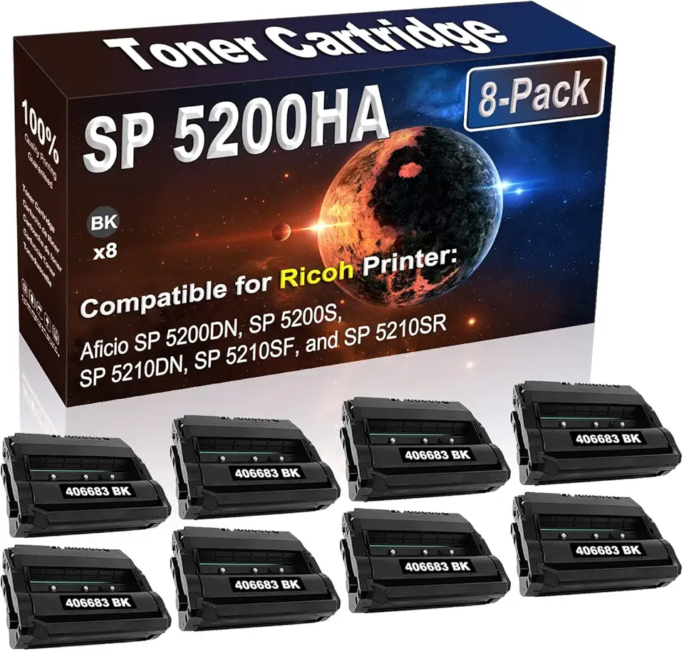 8-Pack (Black) Compatible High Yield SP 5200HA 406683 Laser Printer Toner Cartridge use for Ricoh Aficio SP 5200DN SP 5200S SP 5210DN Printer