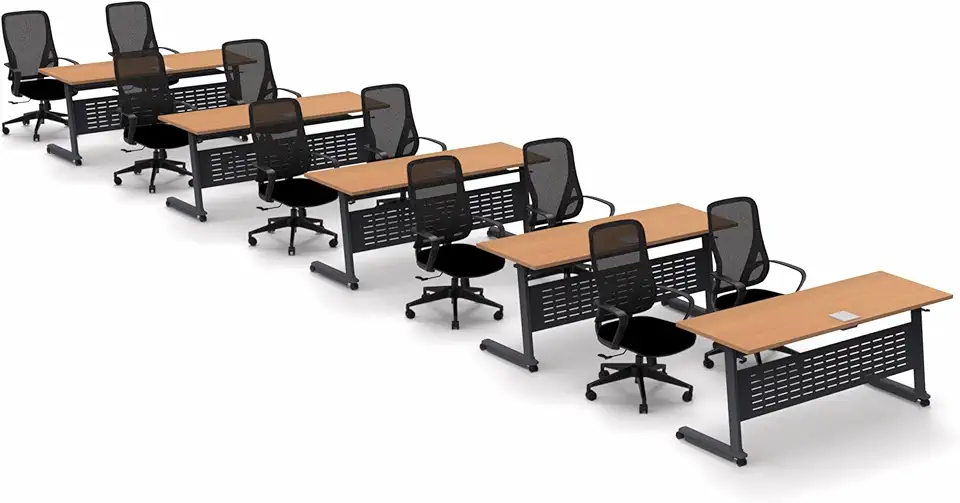 Tables Training Meeting Seminar Classroom Model 2557 15pc Beech Folding Industrial Caster Z-Base. Tables Connect. Modesty Panel, Shelf, Power + USB Outlet. (Seating Included).