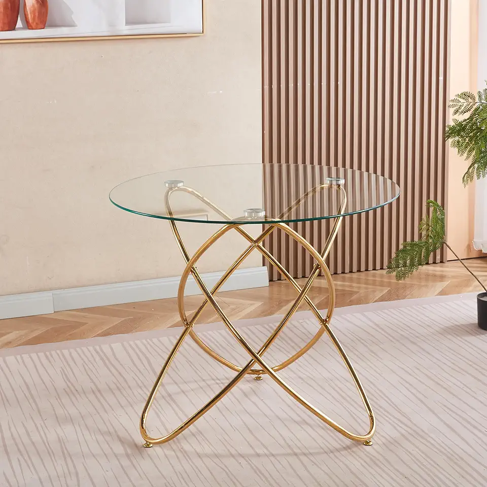 Round Dining Table for 2-4, Tempered Glass Small Circle Kitchen Table with Metal Legs, Contemporary Circle Dining Room Leisure Tables for Restaurant Apartment (Gold)