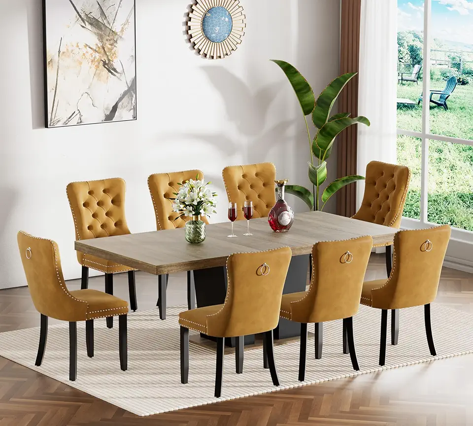 Brown Rustic Dining Table Set of 8, Extendable Kitchen Dining Table & 8 Yellow Velvet Dining Chairs with Wood Leg, 62.99