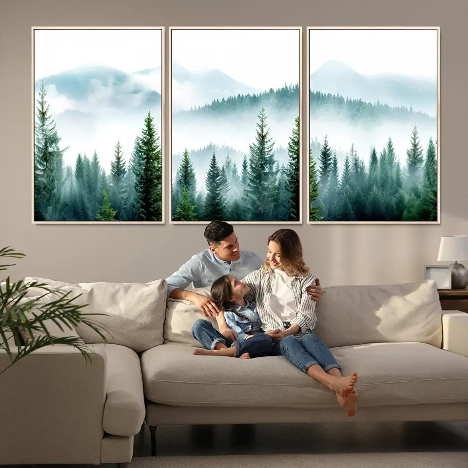 Pine Forest Wall Art Canvas Print, Framed Misty Mountains Art Picture Print, Foggy Trees Perfect 3 Panel Floating Frame/Natural / 90