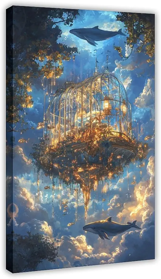 Whimsical Sky Island Print – Magical Greenhouse & Cloud Whales Wall Decor – Fantasy Home Art Poster Canvas Wall Art Print Poster For Home School Office Decor 20x30inch(50x75cm)
