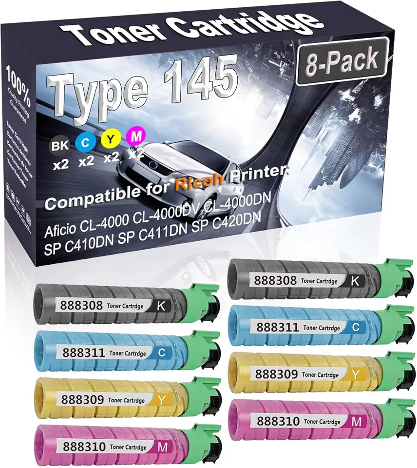 8-Pack (2BK+2C+2Y+2M) Compatible Aficio CL-4000 Laser Printer Toner Cartridge (High Capacity) Replacement for Ricoh Type 145 | 888308 888311 888309 888310 Printer Toner Cartridge