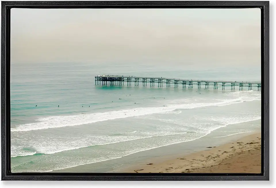 Stupell Industries Distant Pier Beach Jetty Black Framed Floater Canvas Wall Art Design by Rhonda Addison, 25 x 17