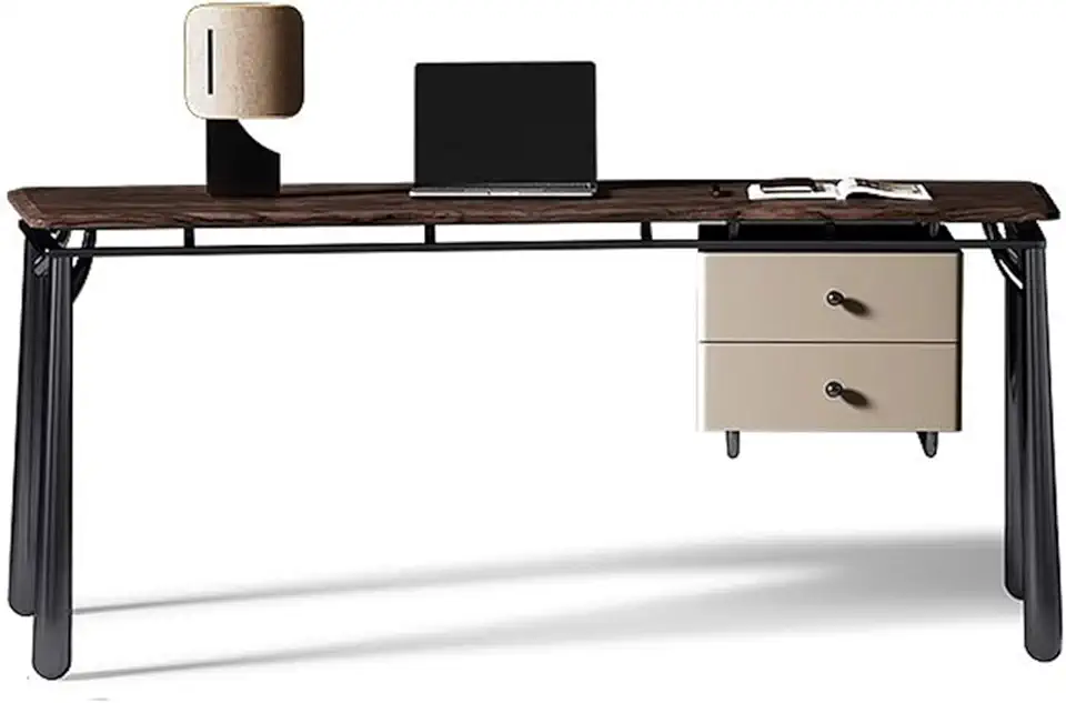 Versatile Modern Aesthetic Home Office Desk with 2 Drawers, Black Walnut Writing Desk Workstation with Metal Art Legs Easy to Install(M)