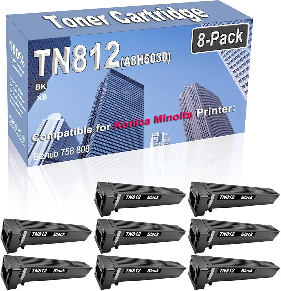 8-Pack (Black) Compatible High Capacity TN812 TN-812 (A8H5030) Toner Cartridge Used for Konica Minolta Bizhub 758 808 Printer