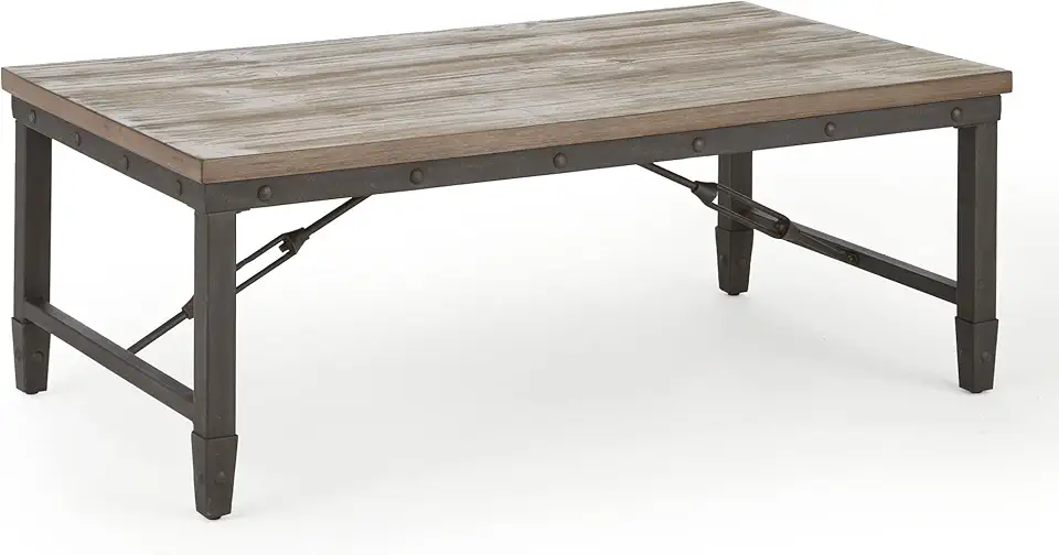 Jersey Cocktail Table, Antiqued Tobacco Finish, Wooden Top and Metal Base with Under-top Stretchers, 48