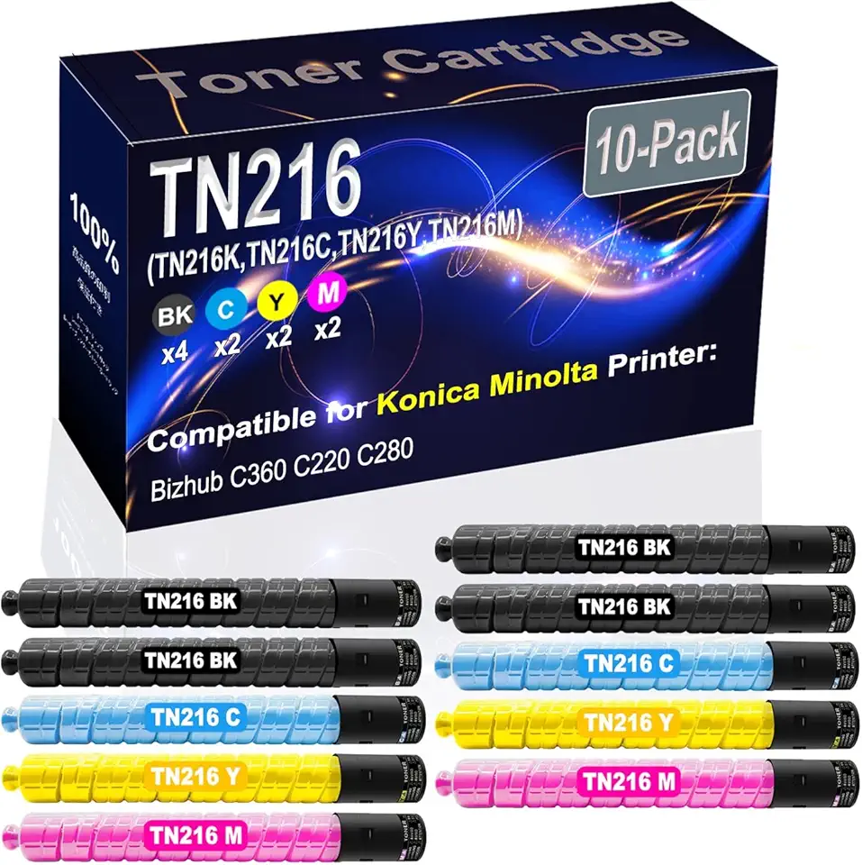 10-Pack (4BK+2C+2Y+2M) Compatible Bizhub C360 Laser Printer Toner Cartridge (High Capacity) Replacement for Konica Minolta TN216 TN-216 (TN216K TN216C TN216Y TN216M) Printer Toner Cartridge