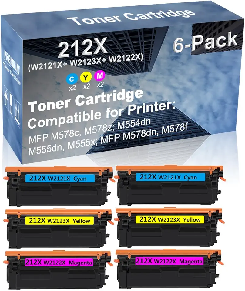6-Pack (2C+2Y+2M) Compatible High Yield 212X (W2121X+ W2123X+ W2122X) Laser Printer Toner Cartridge Used for MFP M578c, M578z; M554dn, M555dn, M555x Printer (with Chip)