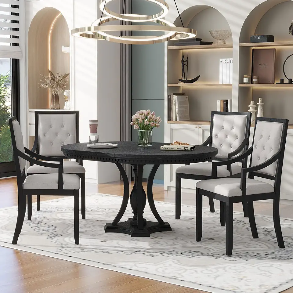 Ball & Cast 5 Piece Dining Table Set for 4,Kitchen Table Chairs Set for 4 W/ 4 Upholstered Chair,Round Extendable Dining Table W/Removable Leaves,for Living Room,Apartment,Black