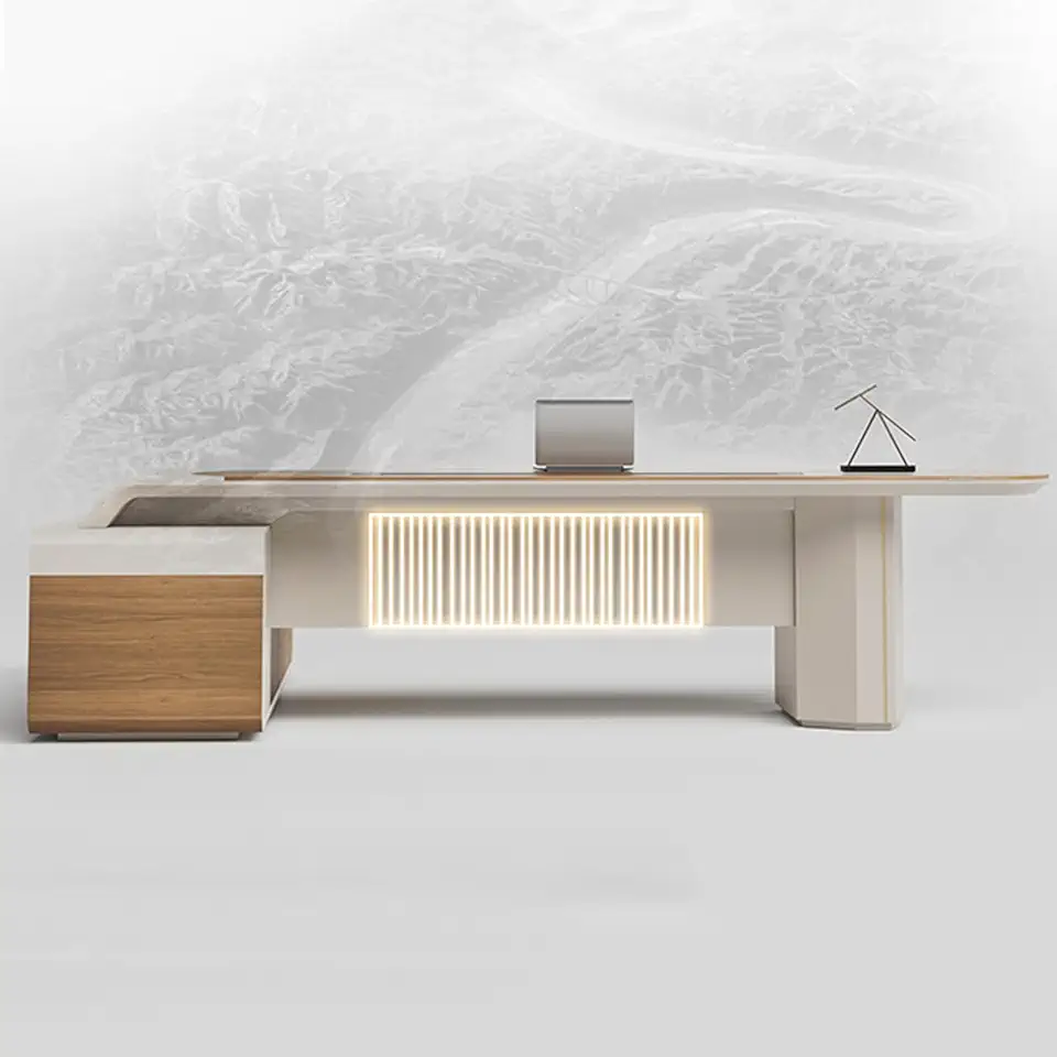 Boss Luxury Office Desks with LED Light Modern Office Desks with Power Outlet and Drawer Cabinet Executive Computer Furniture