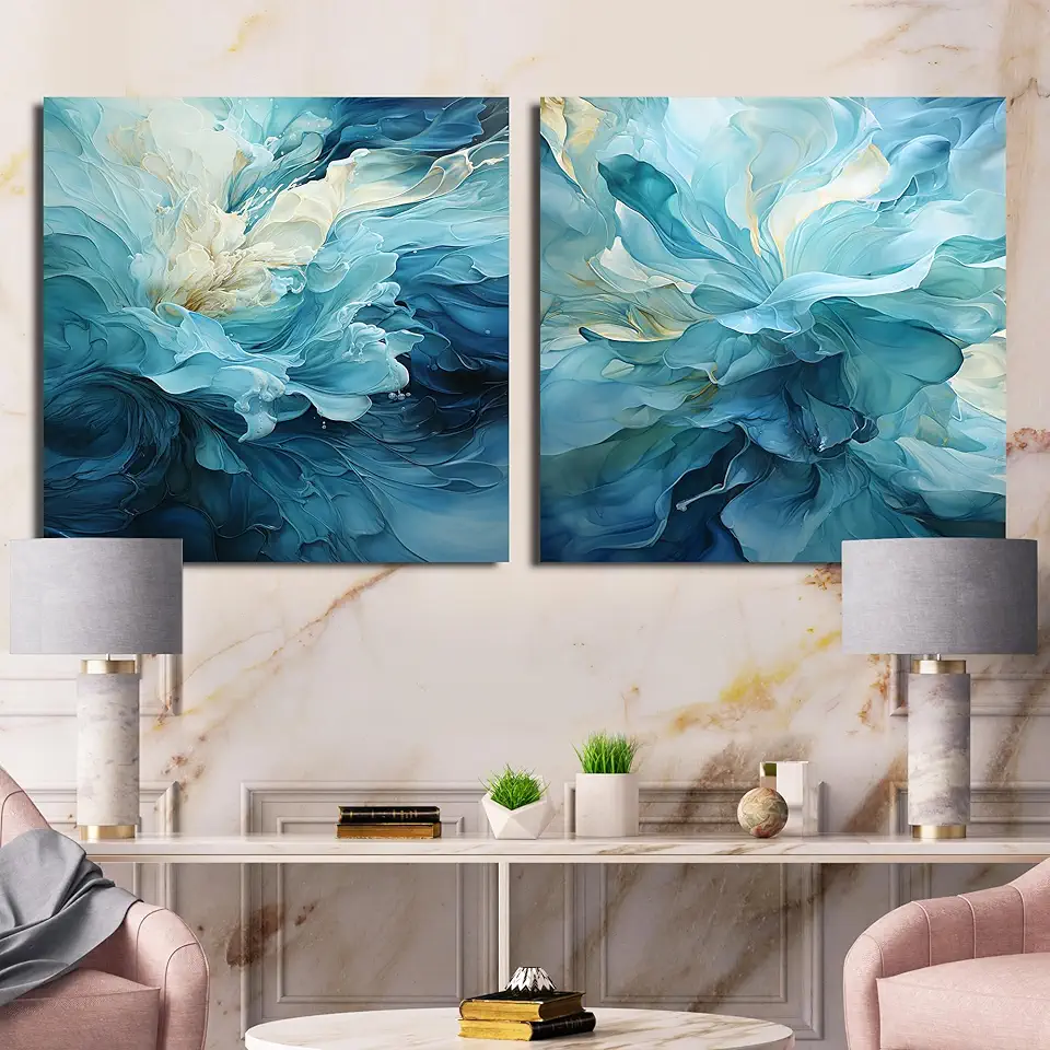 DesignQ overszied Modern Canvas Wall Decor Set - Large Blue Canvas Wall Art - Swirling Serenity in Aqua Blue and White III Set Of 2-33x16 Inches -Multipanel Abstract Spirals Canvas Set