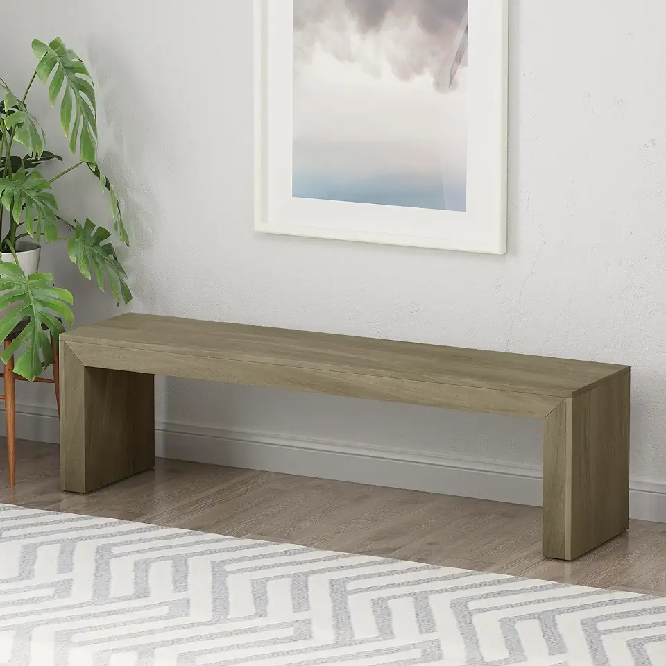 Merax 63 Inch Wood Dining Bench, Solid Acacia Wood Entryway Bench, Wooden Farmhouse Bench for Dinner Table, Kitchen, Bedroom, Living Room, Plants, Easy Assembly, Grey+Taupe