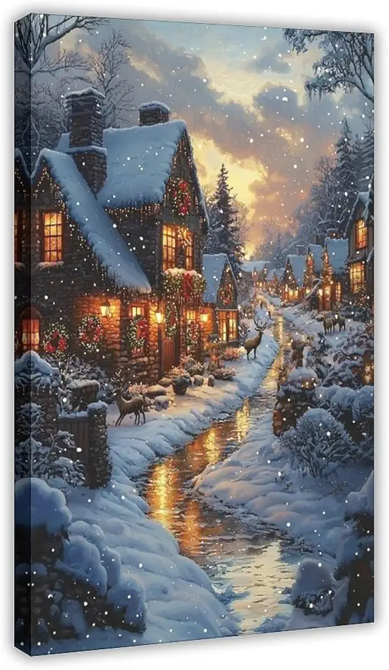 ZMLIS Magical Christmas Print – Nordic Night, Snowflakes, Lights & Holiday Animals Canvas Poster Wall Art Decor Print Picture Paintings for Living Room Bedroom Decoration Frame 20x30inch