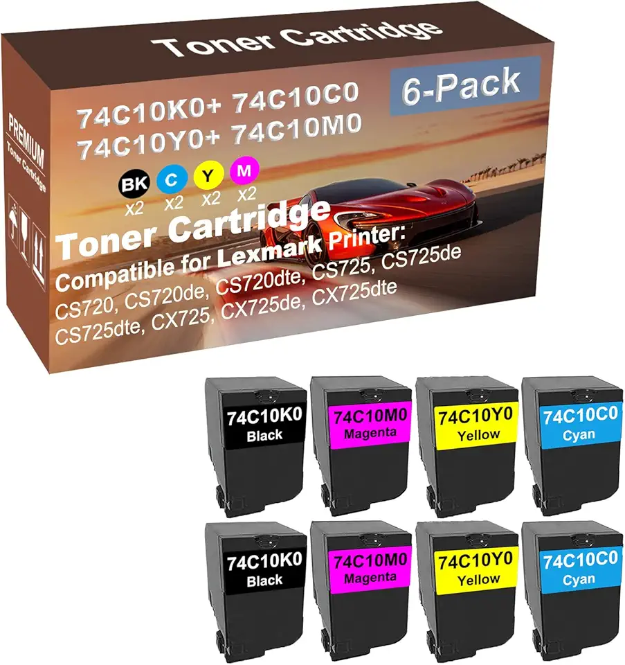 8-Pack (2BK+2C+2Y+2M) Compatible High Capacity 74C10K0+ 74C10C0+ 74C10Y0+ 74C10M0 Toner Cartridge Used for CS720, CS720de, CS720dte Printer