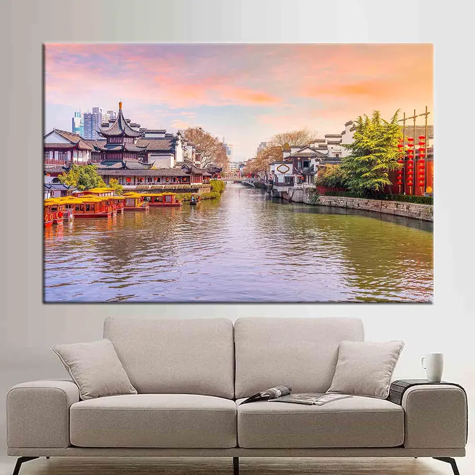 Stunning Cityscape Canvas Art Featuring A Beautiful River View And Intricate Landscape Capturing The Essence Of Eastern Nature Artistry - 1PC - 100x235
