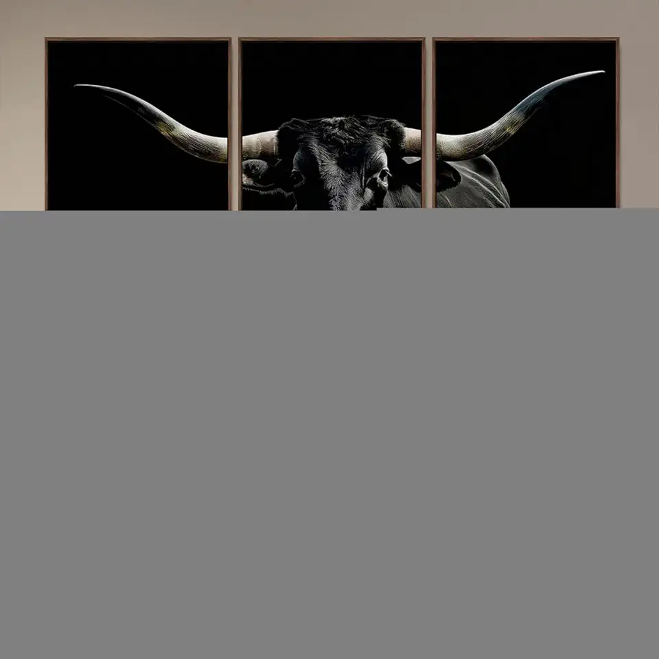 Sami Eymur - Texas Longhorn Cow Canvas Print, Western Bull Wall Art for Farmhouse Decor Style, Large Cows Picture Printing for Living Room, Black Long Horn Prints - Floating Frame 80