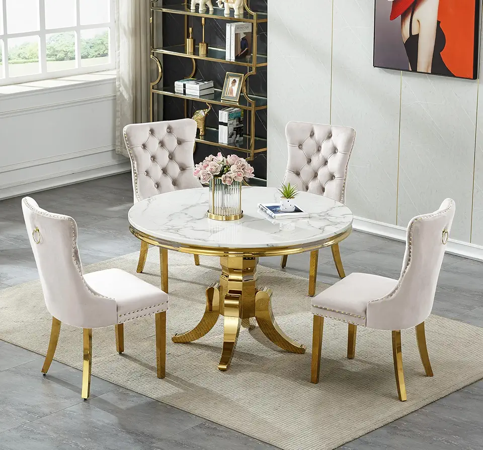 44.88'' Round Dining Table for 4-6,5-Piece White Faux Marble Round Kitchen Table Set with MDF Top & Stainless Steel Base,4 Velvet Padded Chairs,Circle Dining Table for Kitchen Apartment