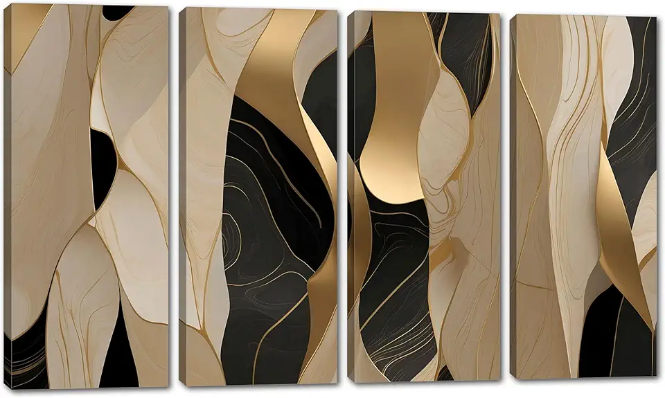 80 x 50 TOTAL - Elongated Shapes Wall Art Abstract Canvas Print 4 Panel Split black,gold, beige Flat 2D Giclee