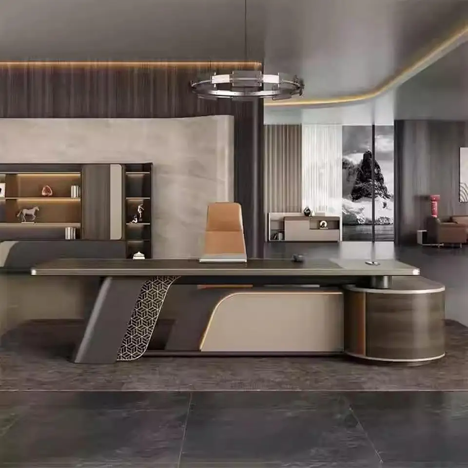 Modern Business Luxury Computer Desk, Executive Office Desk with Lateral Cabinet Writing Study Table Business Furniture Set for CEO Boss