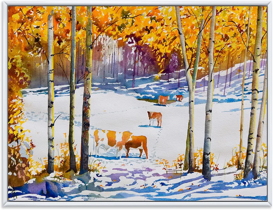 Cattle In The Early Snow In The Forest - Farmhouse Framed Canvas Wall Art Print