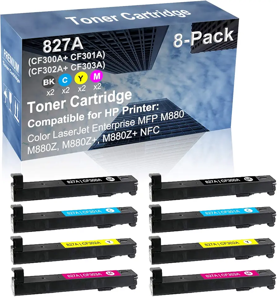 8-Pack (2BK+2C+2Y+2M) Compatible MFP M880 M880Z M880Z+ M880Z+ NFC Printer Toner Cartridge High Capacity Replacement for HP (CF300A+ CF301A+ CF302A+ CF303A) 827A Toner Cartridge